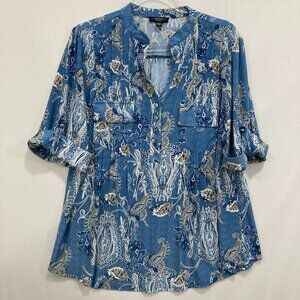 Cocomo Blouse size 1X Blue Gray Floral Paisley Pintuck Stretch Knit Popover